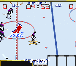 Wayne Gretzky and the NHLPA All-Stars (SNES) screenshot: Team practice is just your team versus an opposing goalie.