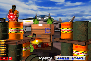 Area 51 (Arcade) screenshot: Shoot the barrels!