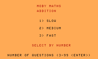 Moby Maths (TRS-80 CoCo) screenshot: Speed and number of questions