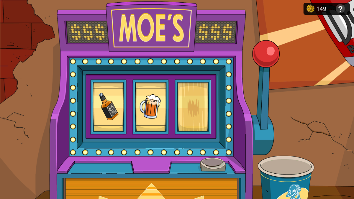 The Simpsons: Tapped Out (Android) screenshot: Playing with the one-armed bandit at Moe's