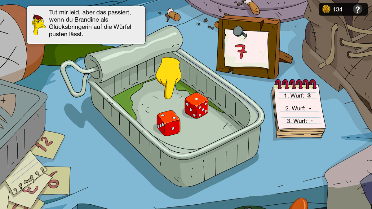 The Simpsons: Tapped Out (Android) screenshot: Rolling the dice at Cletus Dice Den