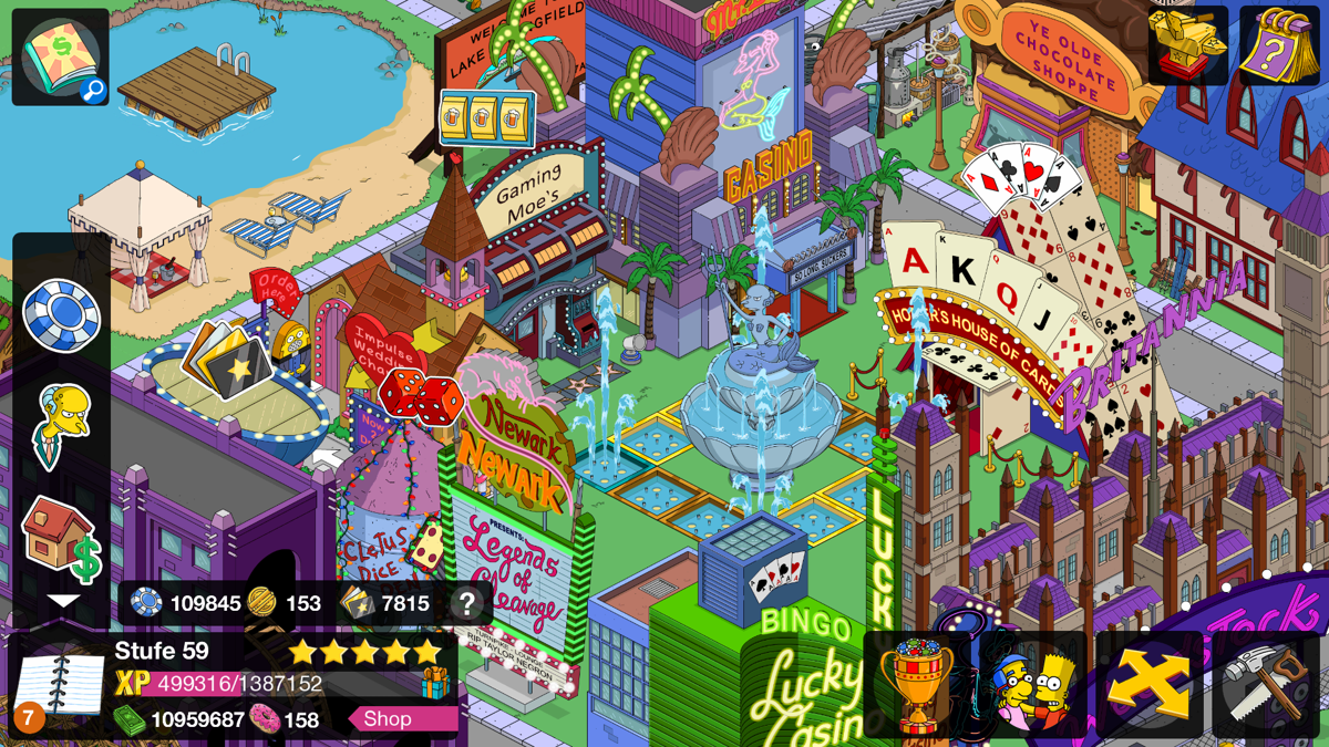 The Simpsons: Tapped Out (Android) screenshot: Casino Quest buildings and rewards 1 of 2