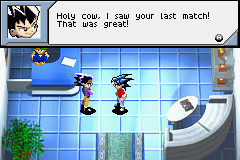 Duel Masters: Shadow of the Code (Game Boy Advance) screenshot: Talking to an opponent outside the arena.