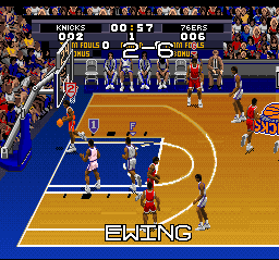 Tecmo Super NBA Basketball (SNES) screenshot: After a basket, the game displays the score.