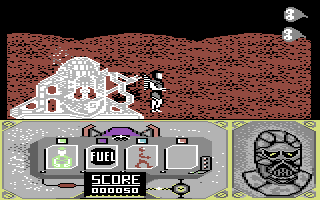 Moebius (Commodore 64) screenshot: The various buildings can be used for protection, since enemies tend to just crash into them