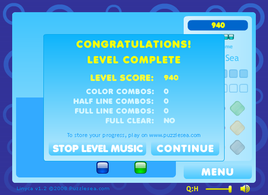 Linyca (Browser) screenshot: Completing a level.