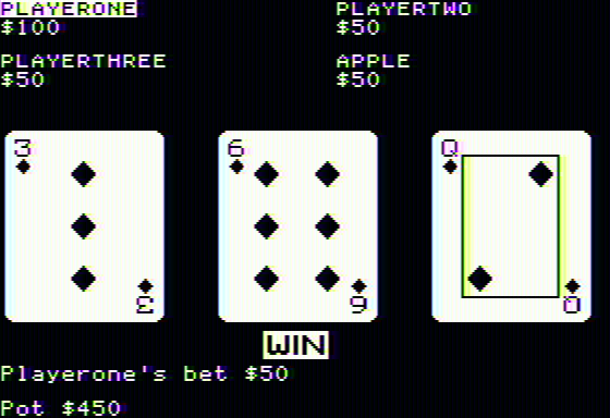 Acey-Deucey (Apple II) screenshot: Winning the bet