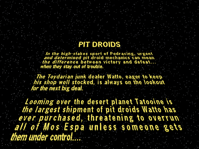 Star Wars: Pit Droids (Windows) screenshot: The iconic scrolling Star Wars opening text before the title screen