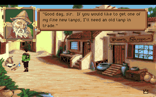 King's Quest VI: Heir Today, Gone Tomorrow (Amiga) screenshot: Talking to a street peddler.