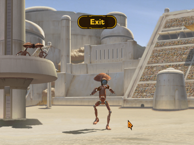 Star Wars: Pit Droids (Windows) screenshot: This is where you can quit the game - the droid seems to be quite agitated that we're about to leave!