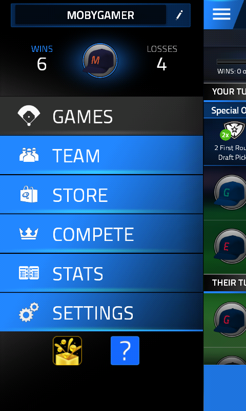 Tap Sports Baseball (Android) screenshot: Menu