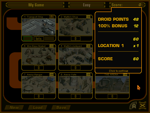 Star Wars: Pit Droids (Windows) screenshot: With every solved puzzle you earn points and can forward the successfully rescued droids to Watto.