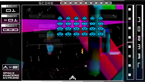 Spac3 Invaders Extr3me (PSP) screenshot: Level 1 starts with old fashioned invaders shooting.