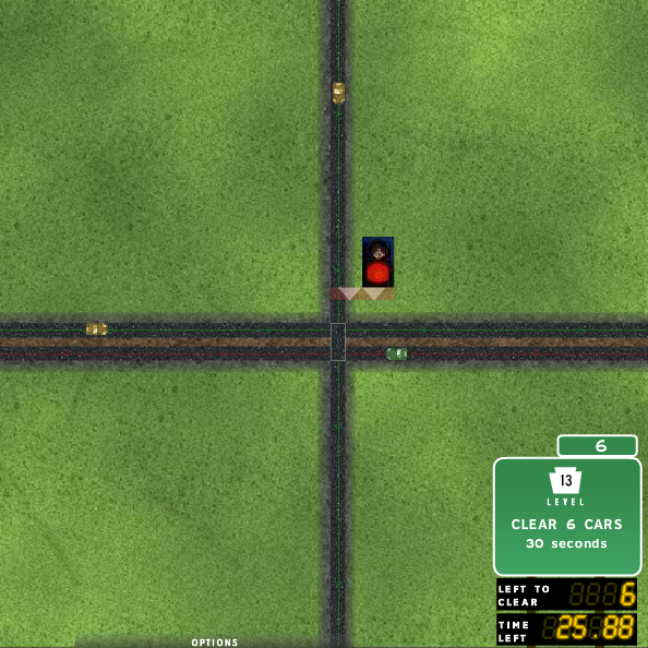 I Love Traffic (Browser) screenshot: Two lanes with two different speeds. (Note the lines in the road, green for the slow and the red for the fast)