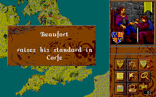 Kingmaker (Atari ST) screenshot: One of your enemies has made Corfe his base