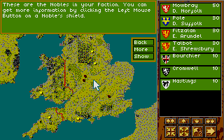 Kingmaker (Atari ST) screenshot: The in-game help is useful for new players