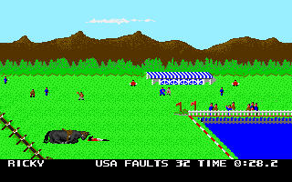 Mega Sports (Amiga) screenshot: Equestrian - My horse fell. (Summer Games 2)