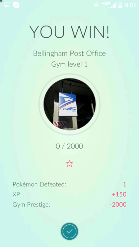 Pokémon GO (Android) screenshot: Battle aftermath.