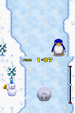 New Super Mario Bros. (Nintendo DS) screenshot: In this minigame, you must roll the snowman's head quickly while avoiding obstacles.