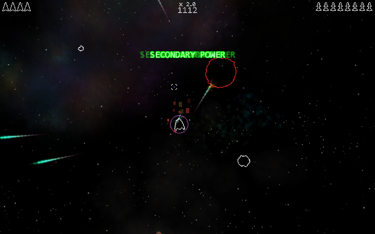Pixel Star (Windows) screenshot: My ship is hit, but has picked up a power-up at the same time.