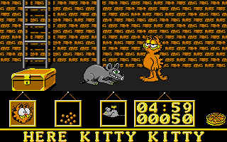 Garfield: Big, Fat, Hairy Deal (Atari ST) screenshot: Mouse chasing a cat.