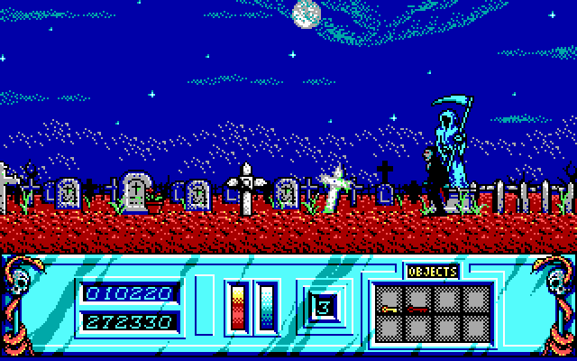 Night Hunter (DOS) screenshot: Walking through the graveyard.