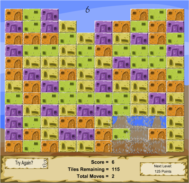 Destruct-O-Match (Browser) screenshot: 6 points for 6 bricks demolished.