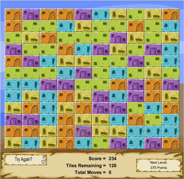 Destruct-O-Match (Browser) screenshot: Welcome to Level Two... Notice Blue has been added...