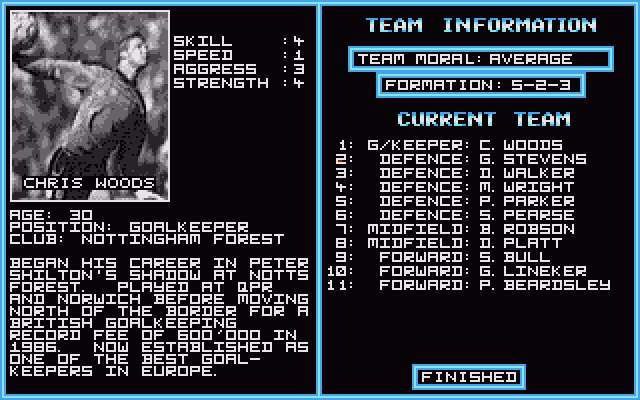 England Championship Special (Amiga) screenshot: Team composition screen with player attributes and information.