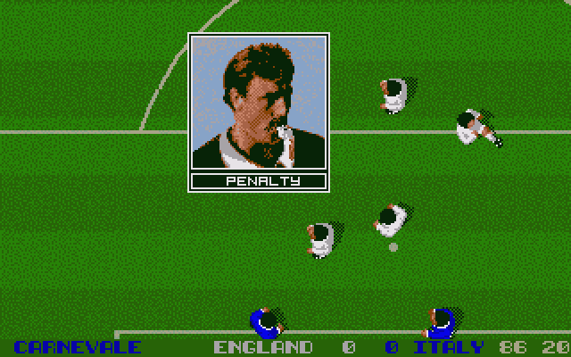 England Championship Special (Amiga) screenshot: For once the referee can't ignore a foul: penalty!