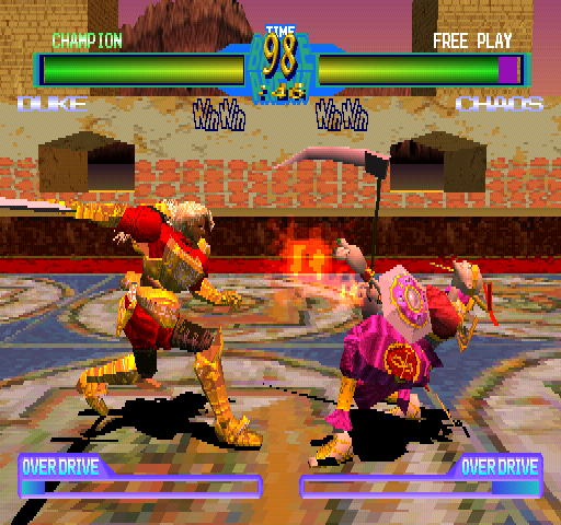 Battle Arena Toshinden 2 plus (PlayStation) screenshot: Duke vs Chaos.