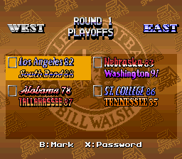Bill Walsh College Football (SNES) screenshot: All time playoffs