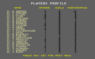 England Team Manager (Atari ST) screenshot: Player statistics