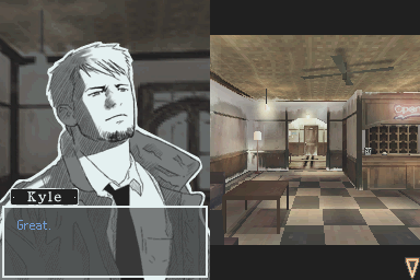 Hotel Dusk: Room 215 (Nintendo DS) screenshot: Entering the hotel's lobby.