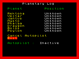 The Rubicon Alliance (ZX Spectrum) screenshot: Self-explanatory planetary information