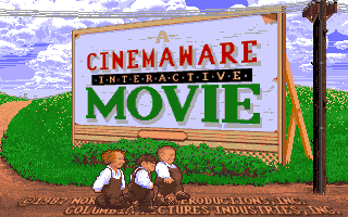 The Three Stooges (Amiga) screenshot: The game's credits are displayed on billboards.
