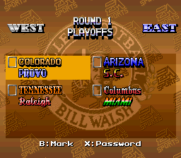 Bill Walsh College Football (SNES) screenshot: Playoff game match-ups