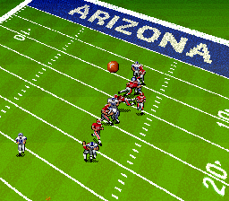 Bill Walsh College Football (SNES) screenshot: The field rotates when the ball switches possession.