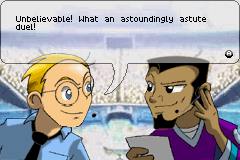 Duel Masters: Shadow of the Code (Game Boy Advance) screenshot: The announcers at the opening duel.
