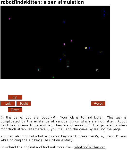 <small>robotfindskitten (Browser) screenshot:</small><br> Game start (Java)