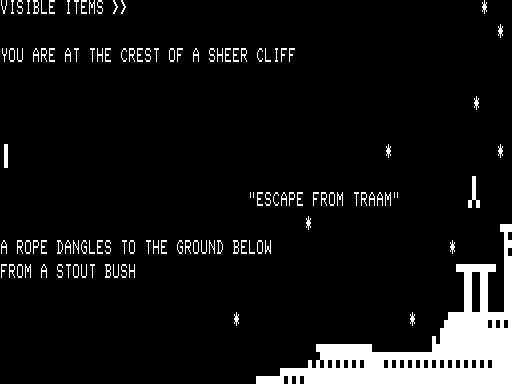 Escape from Traam (TRS-80) screenshot: I'm at the top of a cliff.