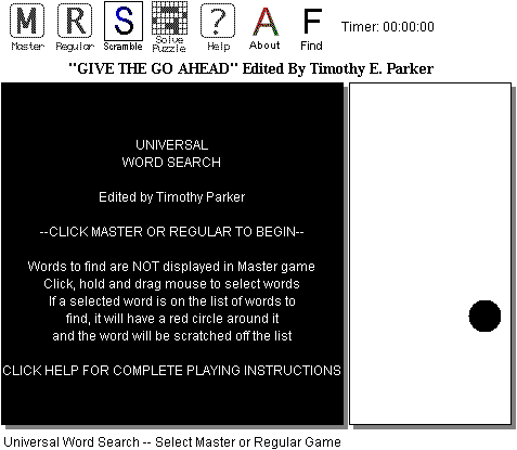Universal Word Search (Browser) screenshot: Title screen, instructions
