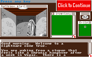 Deja Vu: A Nightmare Comes True!! (Amiga) screenshot: Start of the game, in a shady bathroom stall.