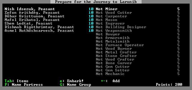 Slaves to Armok: God of Blood - Chapter II: Dwarf Fortress (Windows) screenshot: Fortress mode: Preparing for the journey. Here, you can choose your dwarves' skill sets.