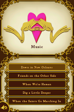 The Princess and the Frog (Nintendo DS) screenshot: Here you can jam to 4 songs from the film, along with 'When The Saints Go Marching In', a tune deeply associated with New Orleans