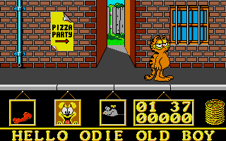 Garfield: Big, Fat, Hairy Deal (Atari ST) screenshot: Pizza party sign.