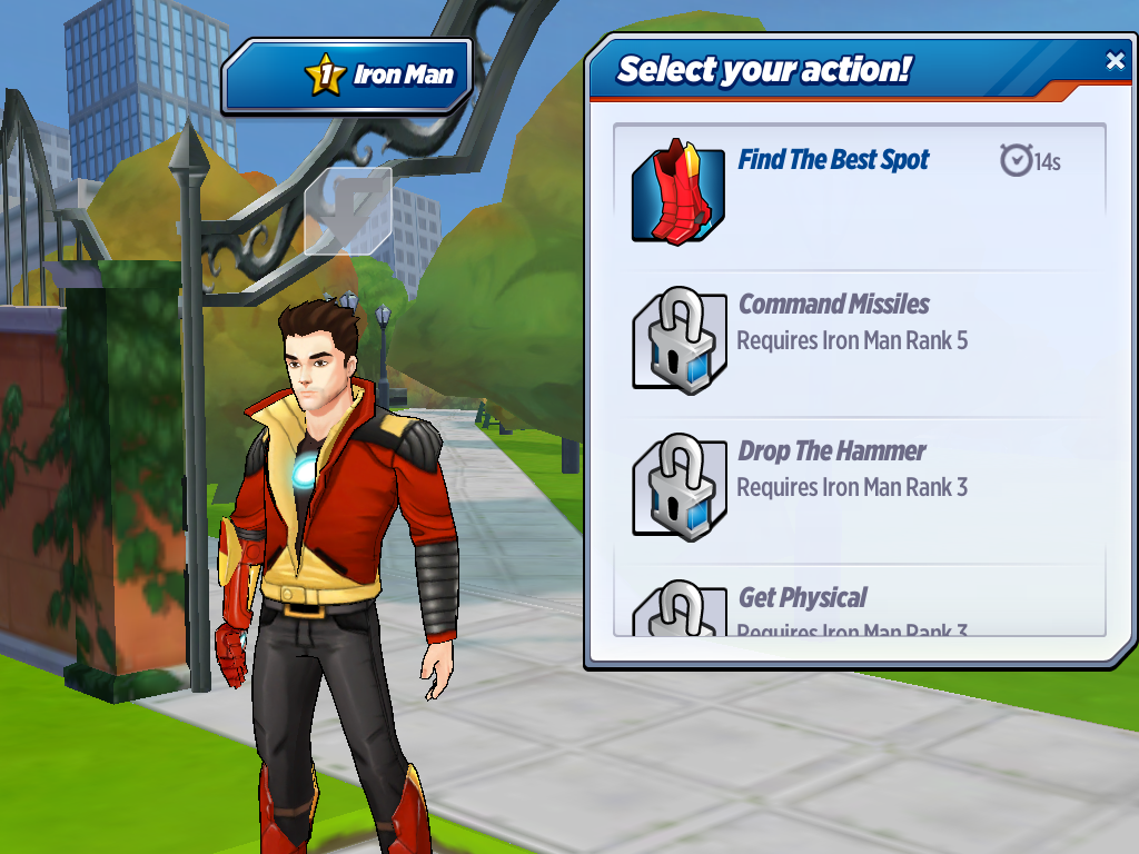 Marvel Avengers Academy (iPad) screenshot: Find the best spot for Stark Tower