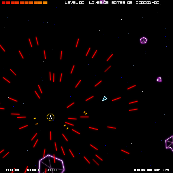 Vectoroids (Browser) screenshot: A red square is exploding and revealing a power-up.
