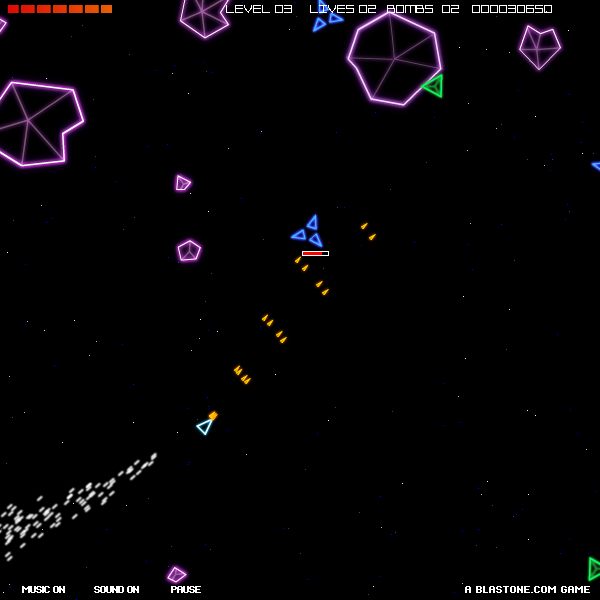 Vectoroids (Browser) screenshot: New enemies will appear at higher levels.