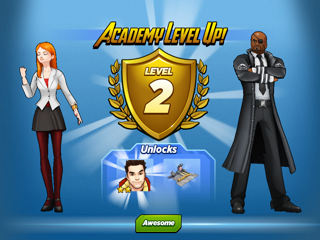 Marvel Avengers Academy (iPad) screenshot: You've Academy leveled up